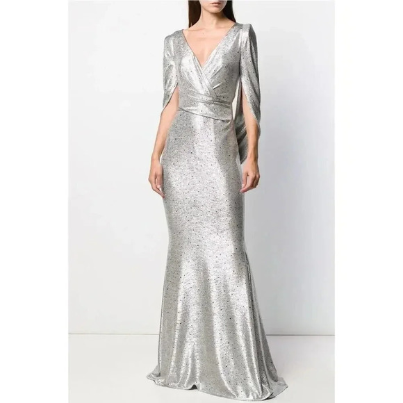 $1925 Talbot Runhof Rosin Gown Metallic Gray Wrap Front Back Zipper Dres… - Picture 2 of 13